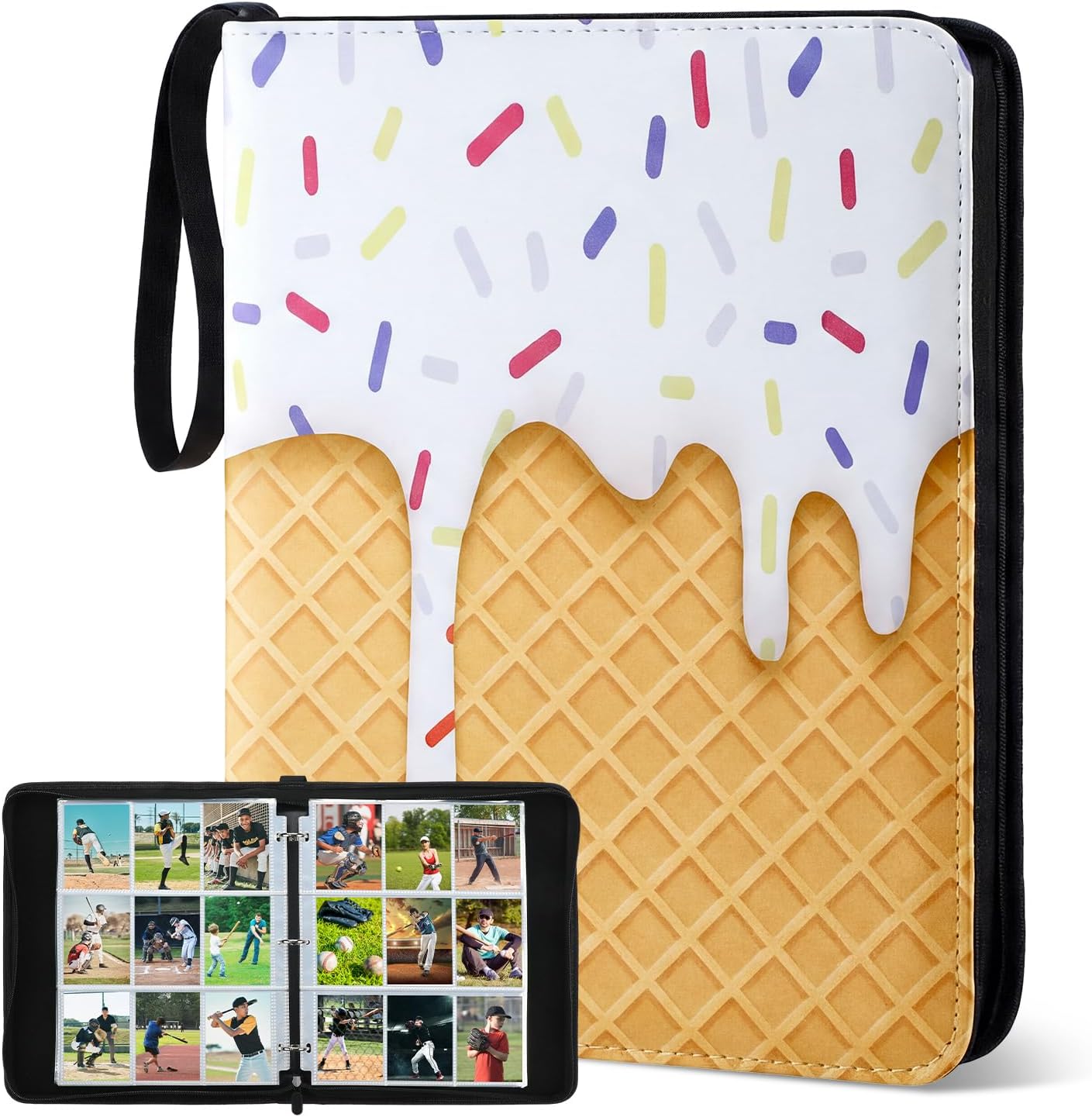 Ice Cream Drip Baseball Card Binder Trading Card Binder Portable Collector Cardholder Baseball Album Case for Boys Sports Game Supplies(Ice Cream,White,900 Pocket)