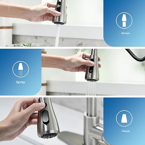 Miniatura 3 de VFAUOSIT - Grifo de cocina con rociador extraíble, grifo de fregadero de cocina sin plomo, níquel cepillado, acero inoxidable, moderno, arco alto