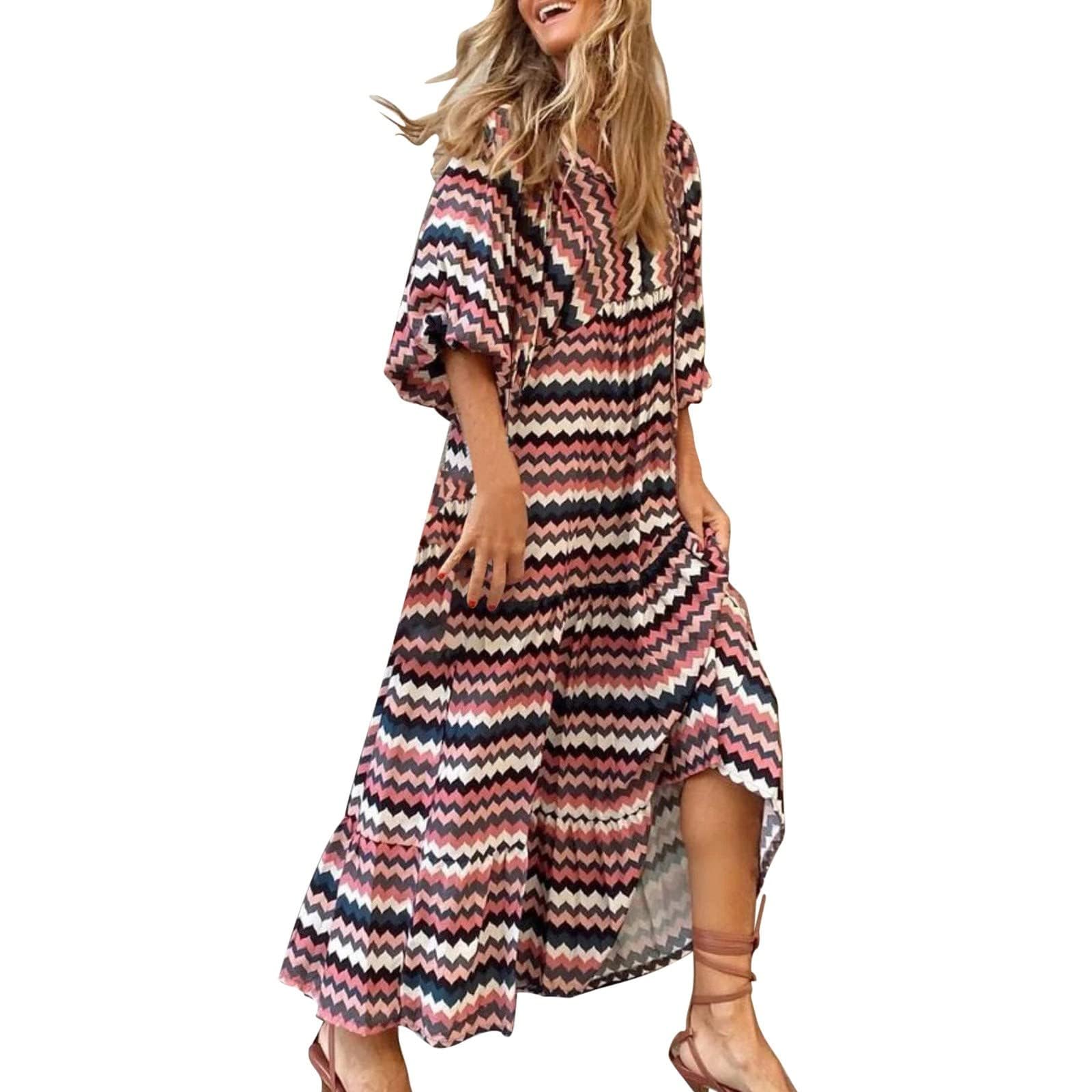 Womens Loose Fit Casual Summer V Neck Dress Boho Maxi Puff Sleeve Dresses Floral Flowy Swing Beach Vacation Dress