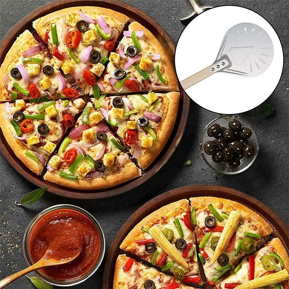 Pizza Peel 7/8/9 Inch Aluminum Perforated Pizza Peel Metal Round Pizza Paddle Non Slip Wooden Handle Pizza Spatula Shovel Baking Tools Pizza Paddle,9 Inch 40Cm-One Size