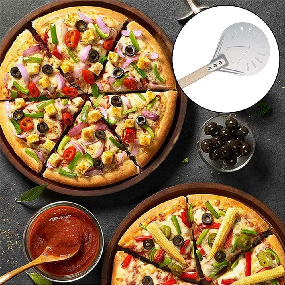 Pala Per Pizza 7/8/9 pollici in alluminio perforato pala for pizza in metallo rotondo for antiscivolo manico in legno spatola for utensili da forno(8 inch 40cm)