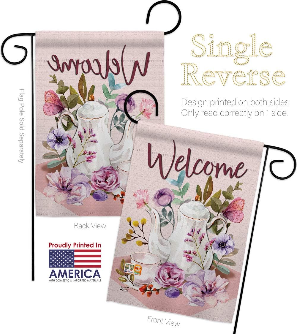 Garden Afternoon Tea Flag Set Wood Dowel Beverages Coffee Latte Capucchino Expresso Drink Cream Cup Teapot Small Decorative Gift Yard House Banner Made In USA 13 X 18.5