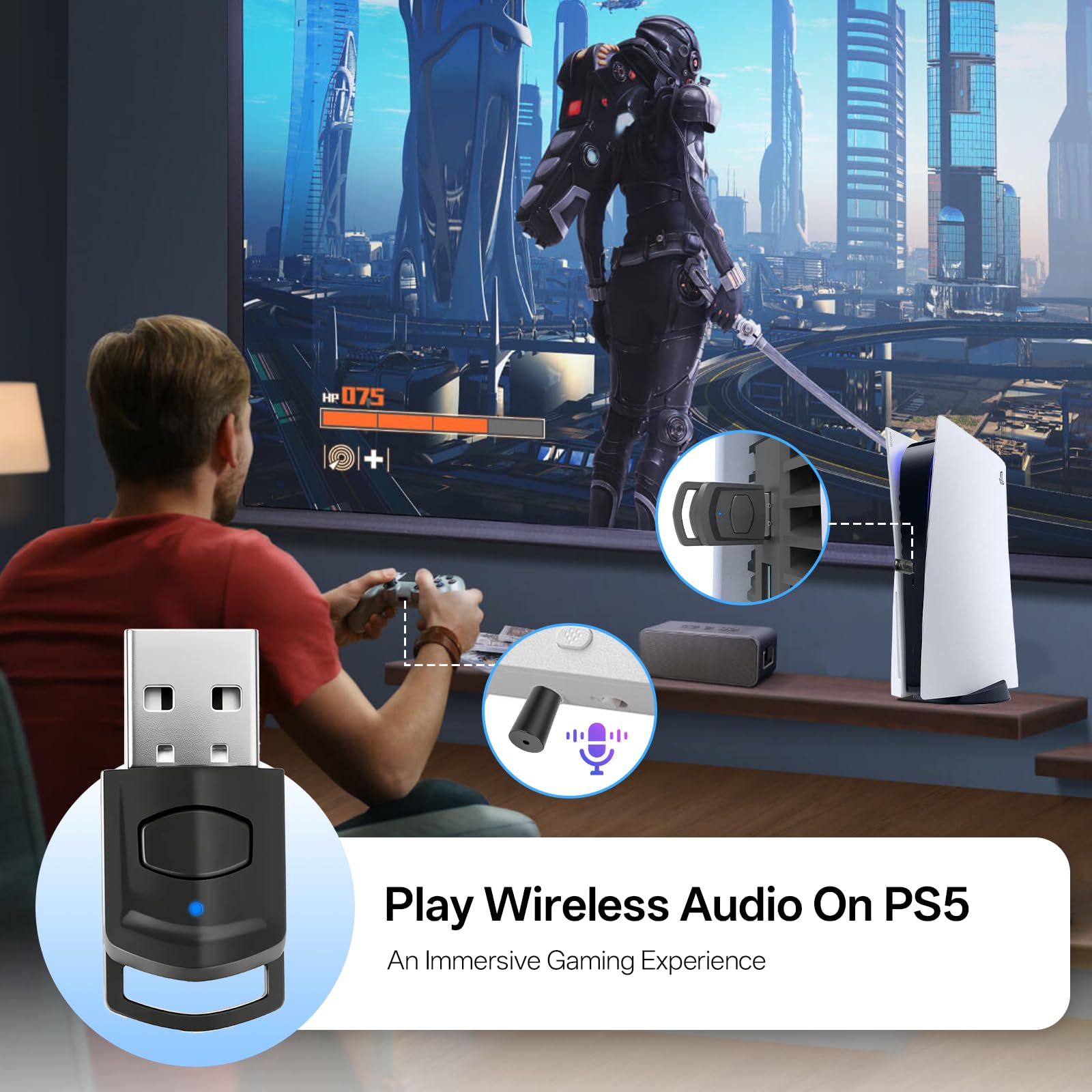 Adaptateur Audio USB Bluetooth 5.0 pour PS5/PS4/PC, Dongle Bluetooth à Faible Latence