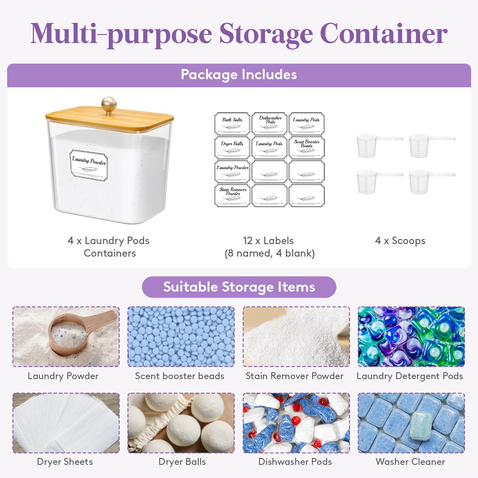 Lifewit 2700 ml Contenedor Detergente Polvo Con Tapa de Bambú, Lavanderia Organizador, Pastillas Lavadora Caja de Almacenamiento de Plástico, Contenedores para Baño, Tarros, Natural, Juego de 4