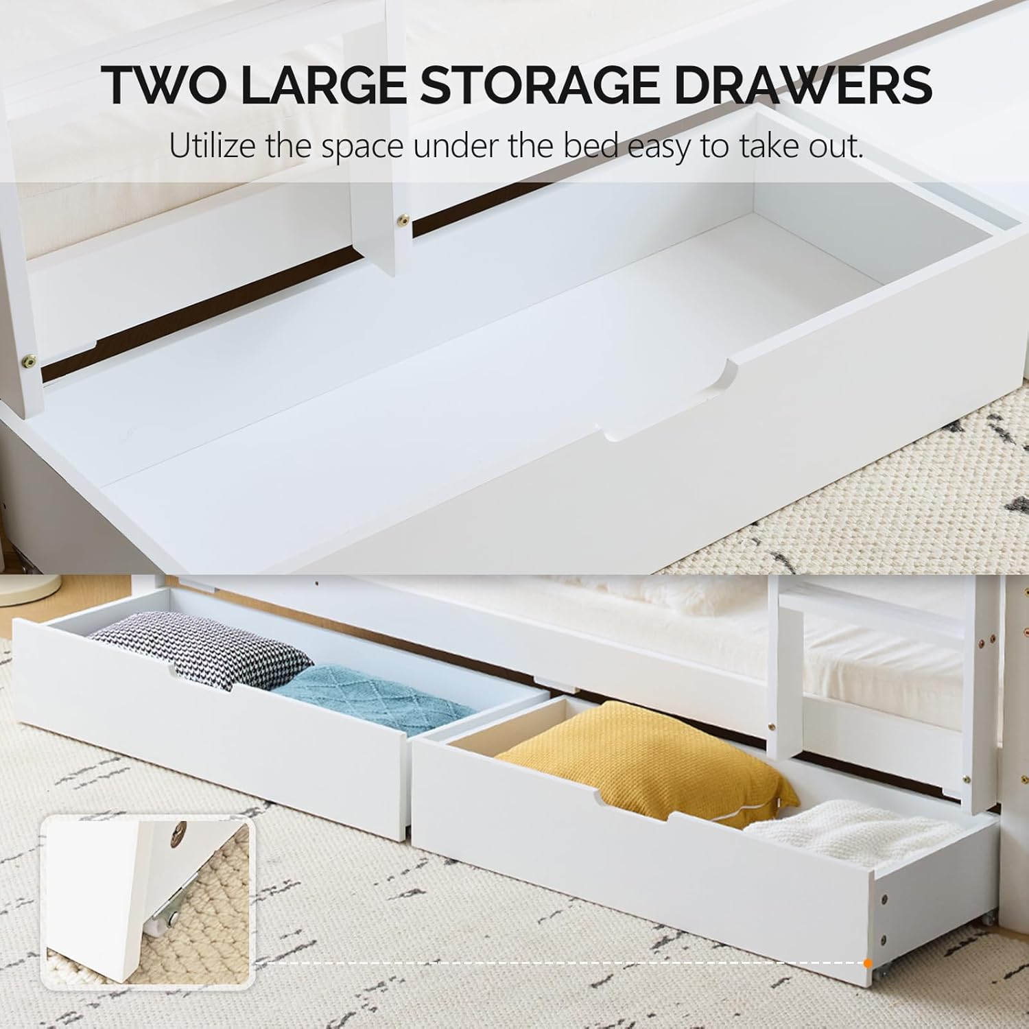 VINGLI Bunk Bed Twin Over Twin with 2 Storage Drawers/RGB LED/Charging Station, Solid Wood Bunk Bed Frame with 15 inches High Safety Guardrail and Ladders for Kids, White