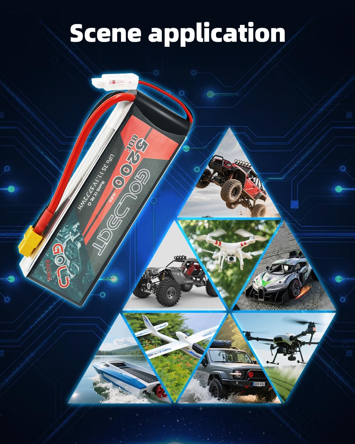 GOLDBAT 5200mAh 3S 11.1V 80C LiPo RC Short Battery Pack with XT60 Connector Softcase for RC Car Truck Quadcopter Airplane Helicopter Boat (2 Pack)