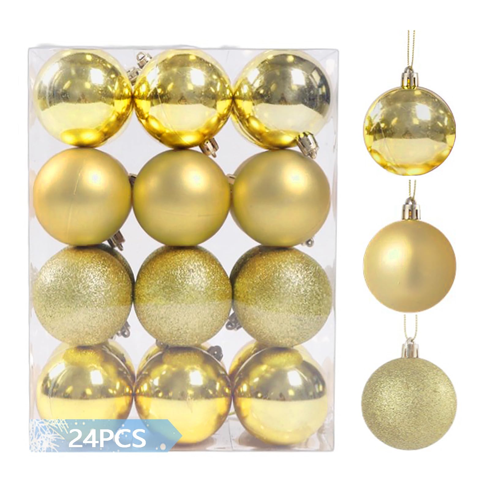 24PCS Shatterproof Christmas Balls Ornaments, 4cm/1.57", Pre-Strung Hanging Xmas Tree Decorations, 3 Styles for Christmas/Halloween/Wedding/Birthday Party (Gold)