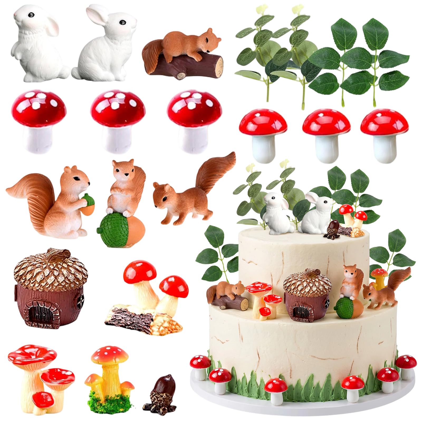 Jungle Ocean Animal/Car/Highland Cows/Mushrooms Cake Toppers Set, Safari Wild Cake Decorations, 3D Lifelike Figurines Grass Tropical Leaves For Kids Birthday Baby Shower Party (Mushroom)