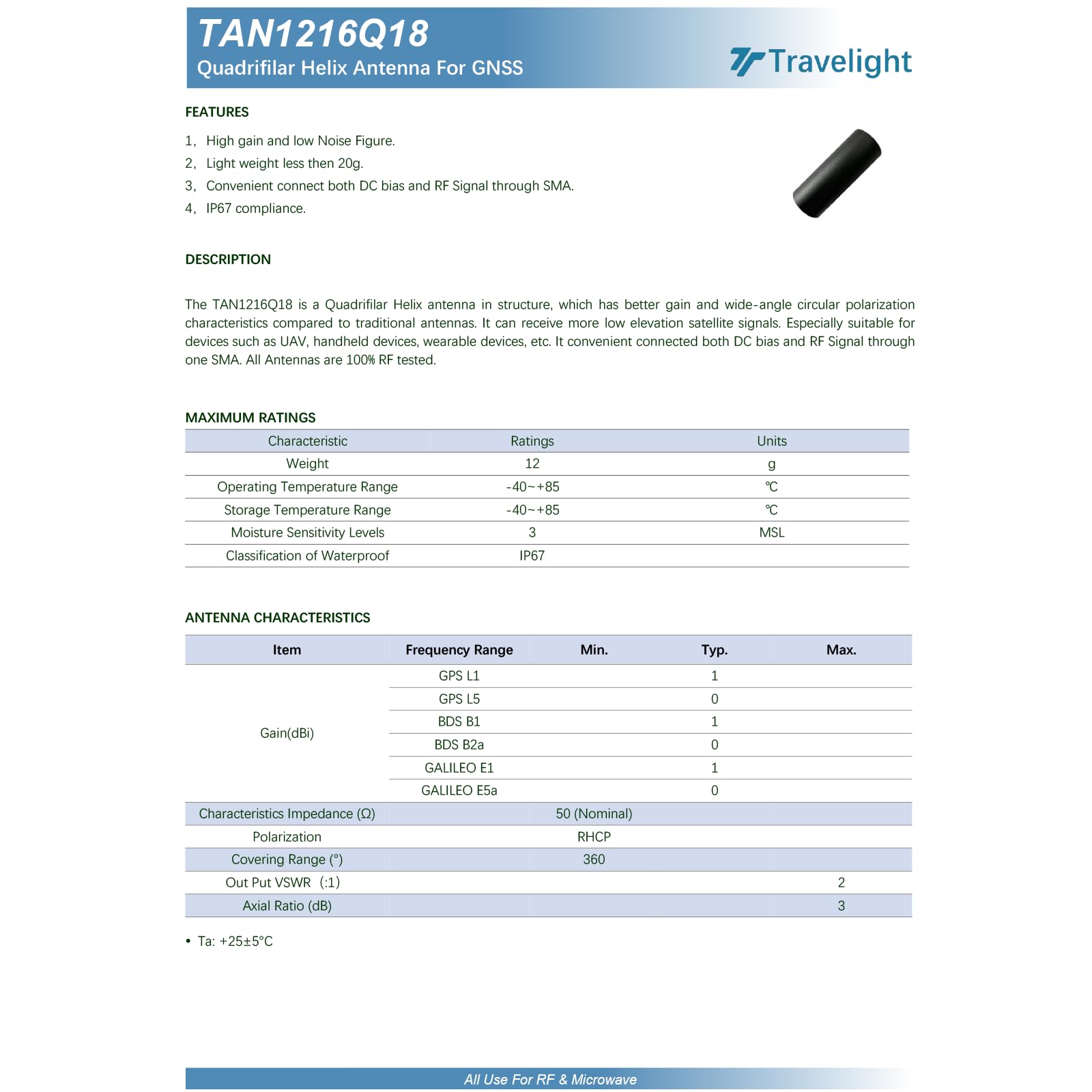 Antenne GNSS Active Multi‑Bandes quadrifilaire, positionnement Haute précision L1/L2/L5, connecteur SMA, Compatible Multi‑GNSS, pour Drones et appareils de cartographie Portables.