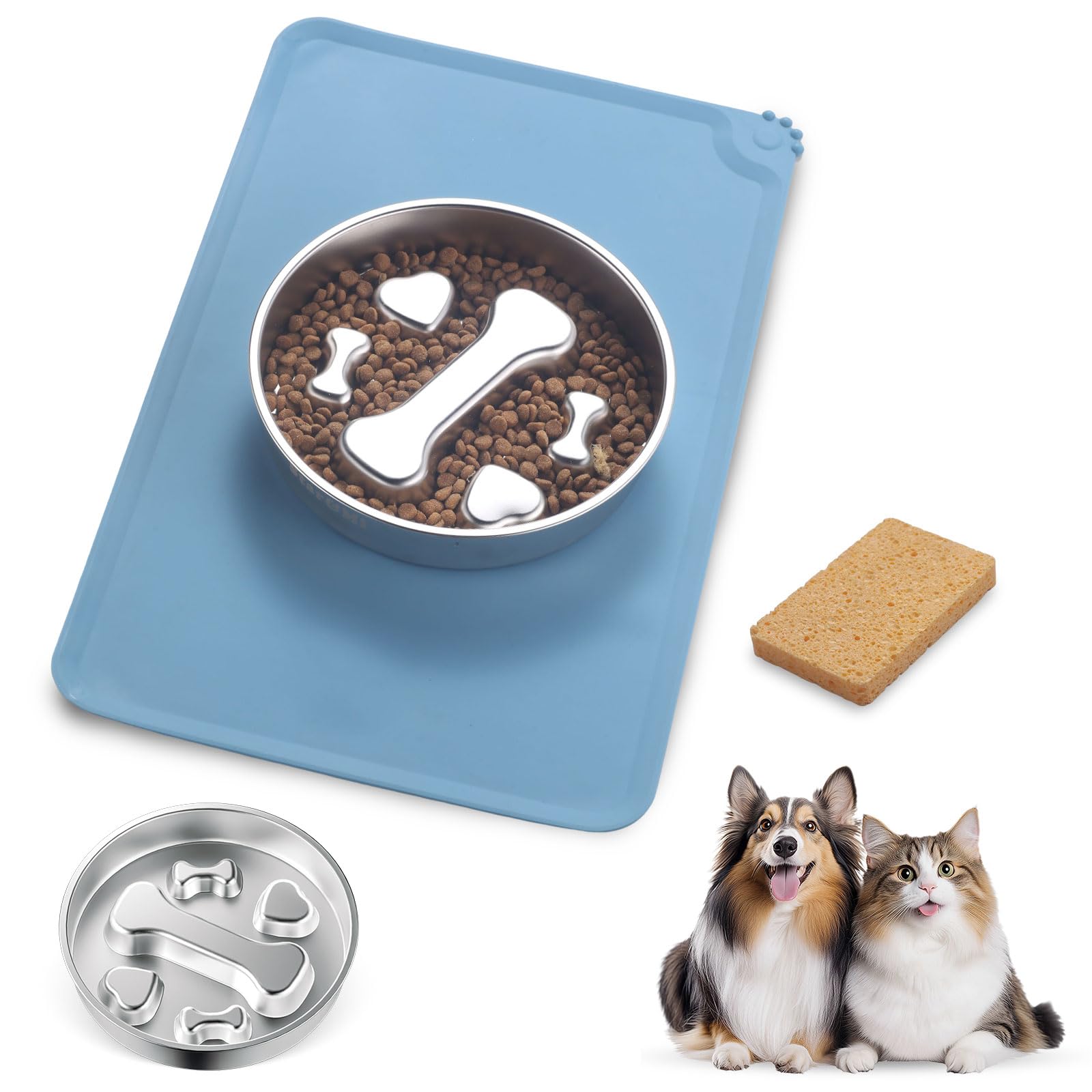 Stainless Steel Slow Feeder Dog Bowls – Non-Slip Metal Dog Bowl for Large & Medium Breeds, Puppy Puzzle Feeder – 2 Cup Capacity for Small to Big Pets – Durable Slow Feed Dog & Cat Food Dish with Mat