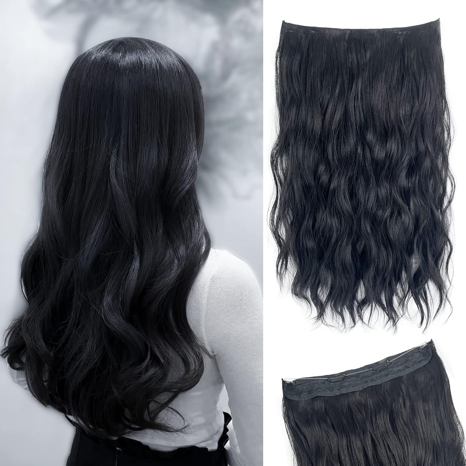 Invisible Wire Halo Hair Extensions for Women Long Wavy Adjustable Hair Pieces Removable Secure Clips Hairpieces Secret Extensions 20” (Black), 1.0 Count