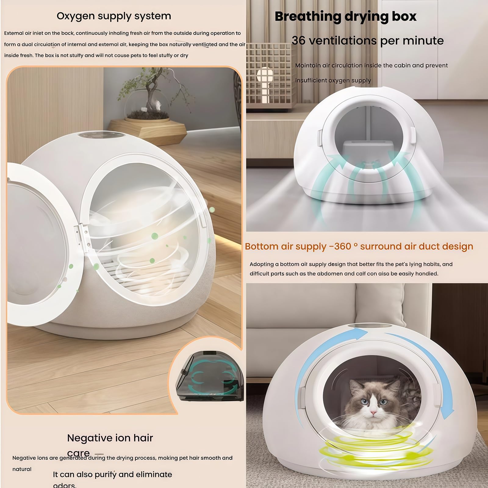 Box Asciugacapelli Rotondo per Cani E Gatti, 800W velocità Regolabile, Macchina Asciugatrice per Toelettatura, 55L
