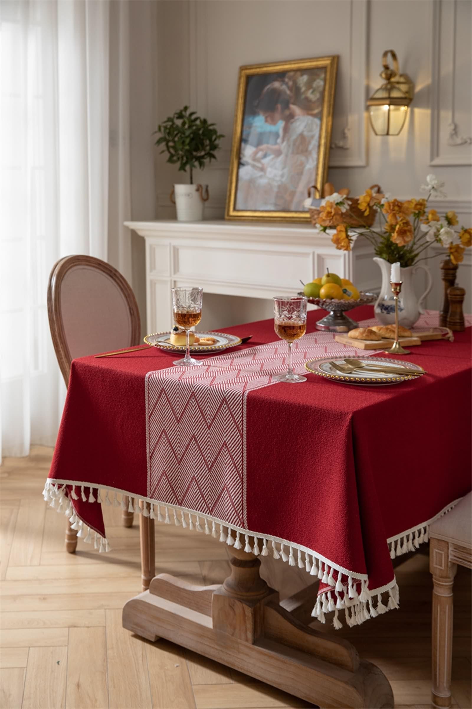 Mantel Mesa Rectangular Antimanchas, 140 x 260 cm, Rojo, Mantel de Algodón Poliéster Impresión de Onda Borlas