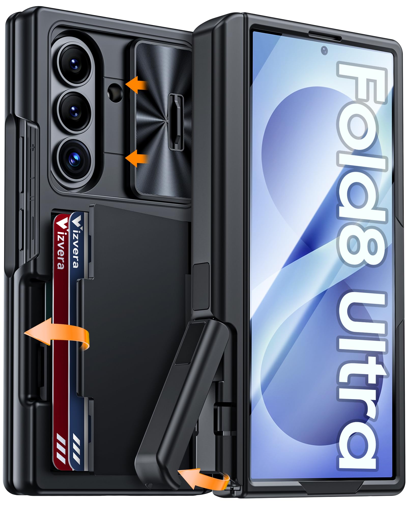 Vizvera Custodia per Samsung Galaxy Z Fold 8 Ultra 2026 con porta carte e supporto RFID, pellicola protettiva in vetro temperato HD, copertura per fotocamera scorrevole, protezione per cerniera