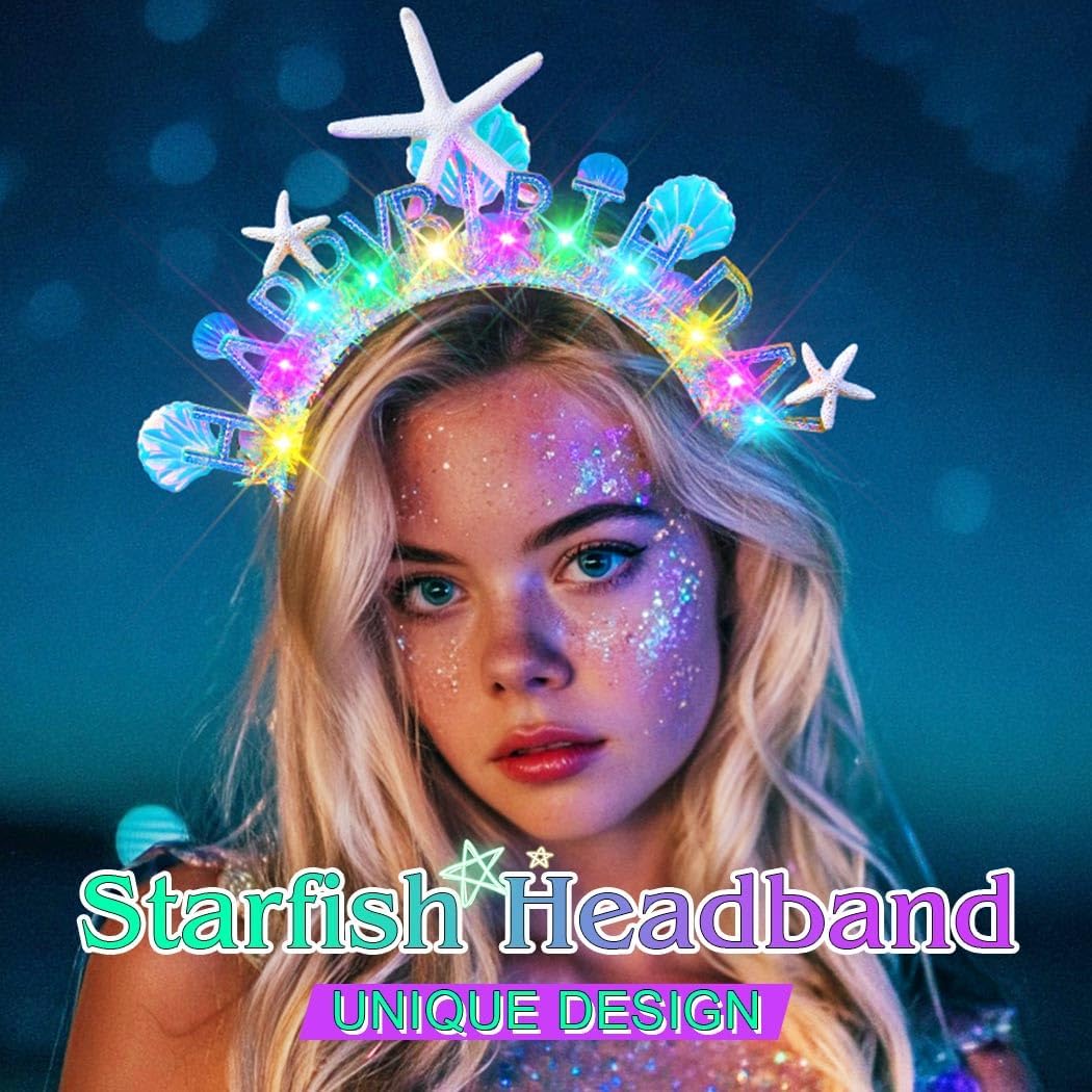ACEDRE Light Up Mermaid Headband Birthday Crown Seashell Ocean Birthday Hair Accessories for Women - Image 3