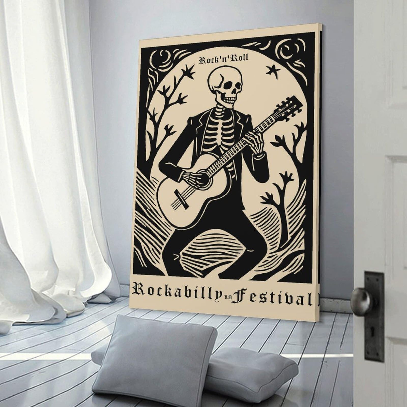 Junmoney RocknRoll Rockabilly Festival Skeleton Guitarist Decorative Canvas Print, 12x18inch(30x45cm), for Study, Office Or Focused Interiors, Canvas Wall Decor for Creative Rooms