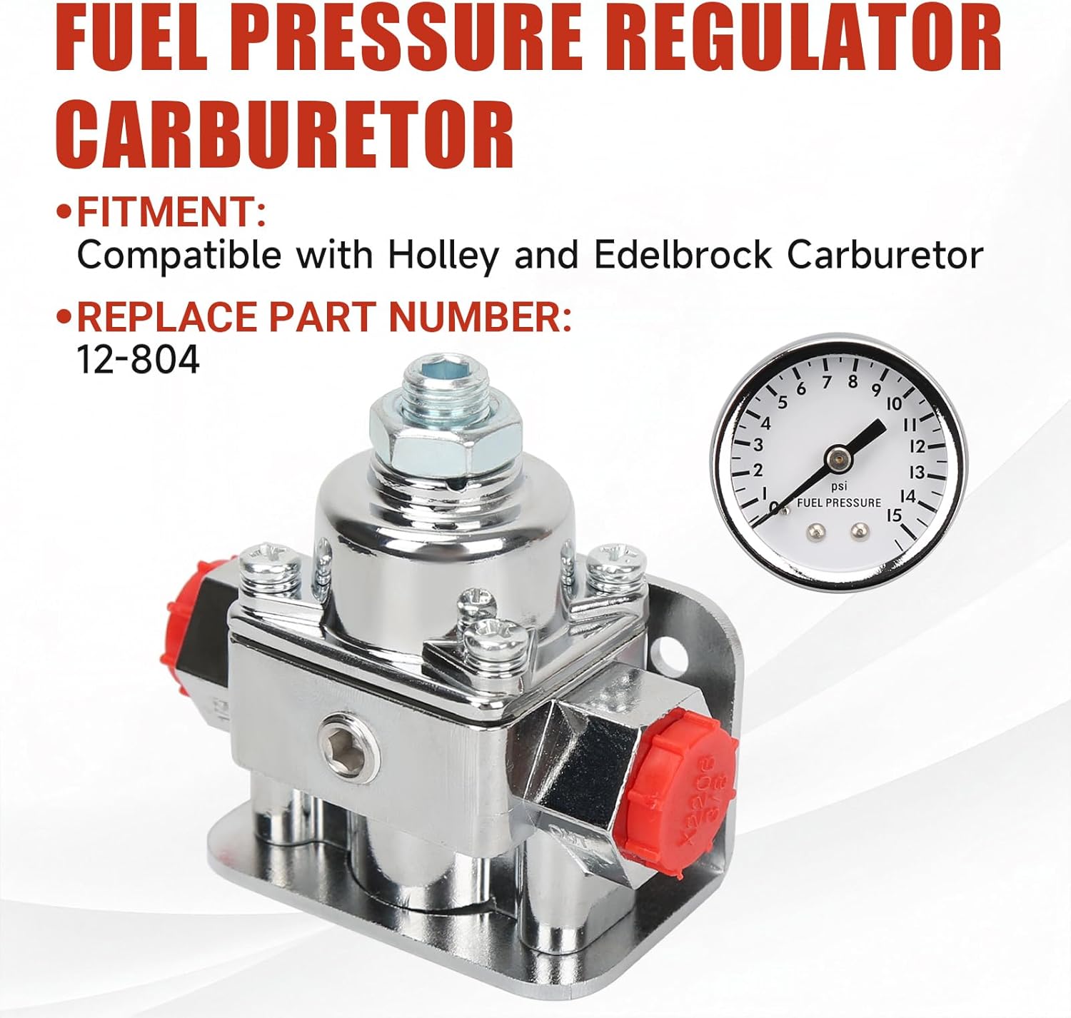 12-804 Fuel Pressure Regulator Carburetor with Gauge Kit Compatible with Holley and Edelbrock Carburetor, 1-4 PSI, 3/8in NPT Port, 1-In, 2-Out