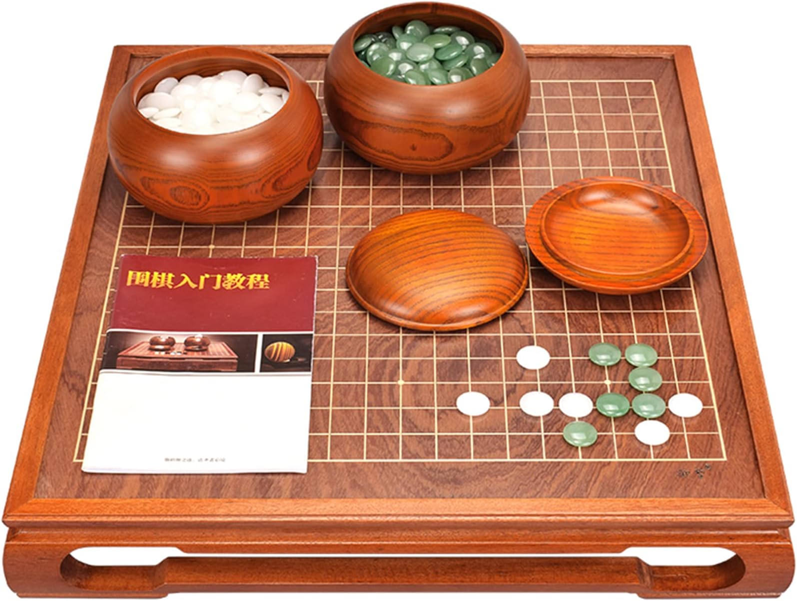 Wooden Go Game Table with 361Pcs Jade Double Convex Go Game Stones Set, 19X19 Grid Layout Playing Pieces for Classic Strategy Go Board Game (Baduk/Weiqi)