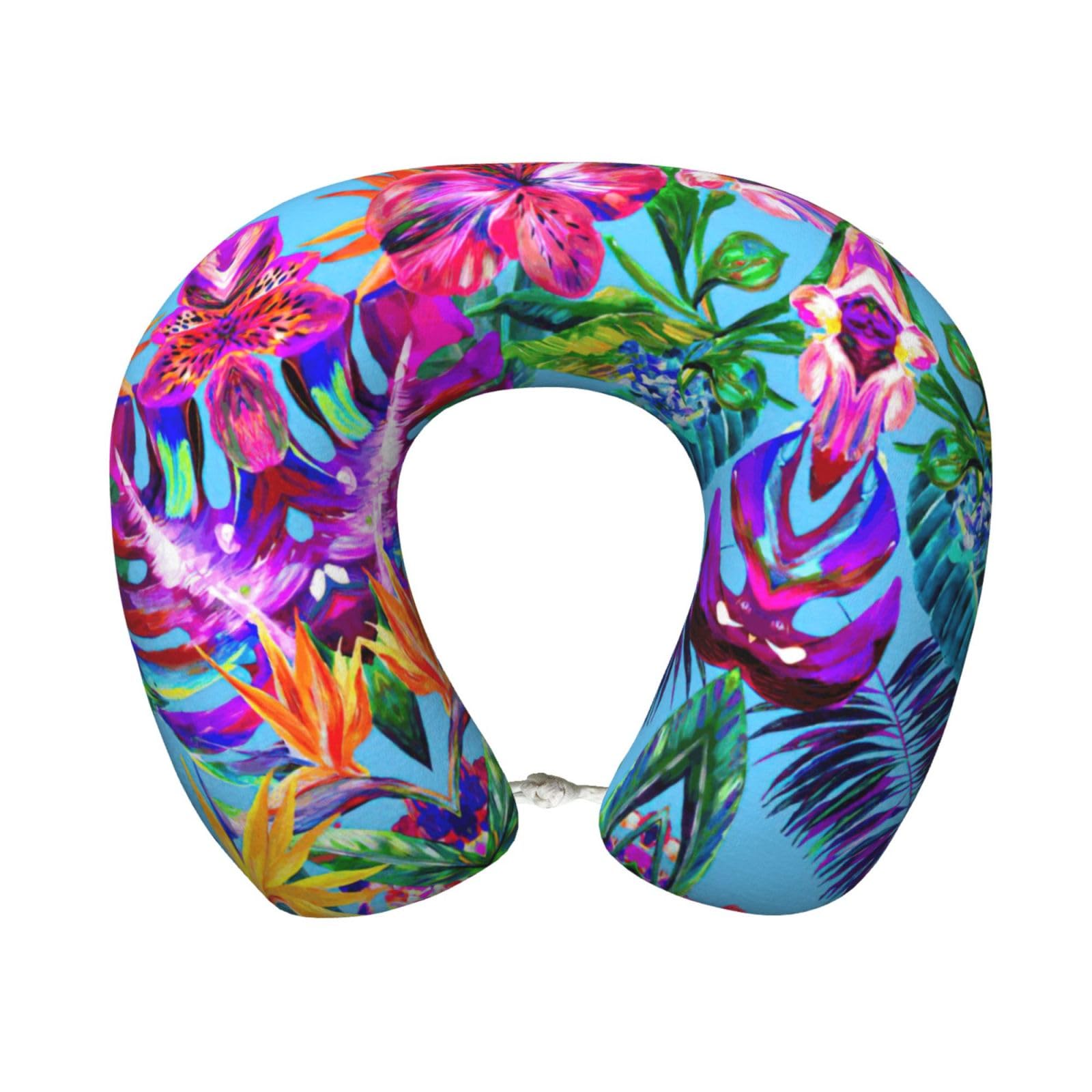 ASFgda U-Shape Memory Foam Pink Flower Tropical Plant Print Travel Pillow,Neck Support,Washable Cover For Airplane Car Home Office