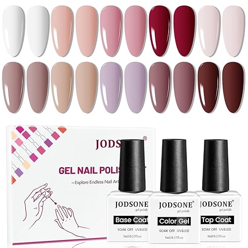 JODSONE Kit de esmalte de uñas de gel de 10 colores con mini lámpara LED UV de alto brillo, capa base duradera, capa superior brillante, juego de