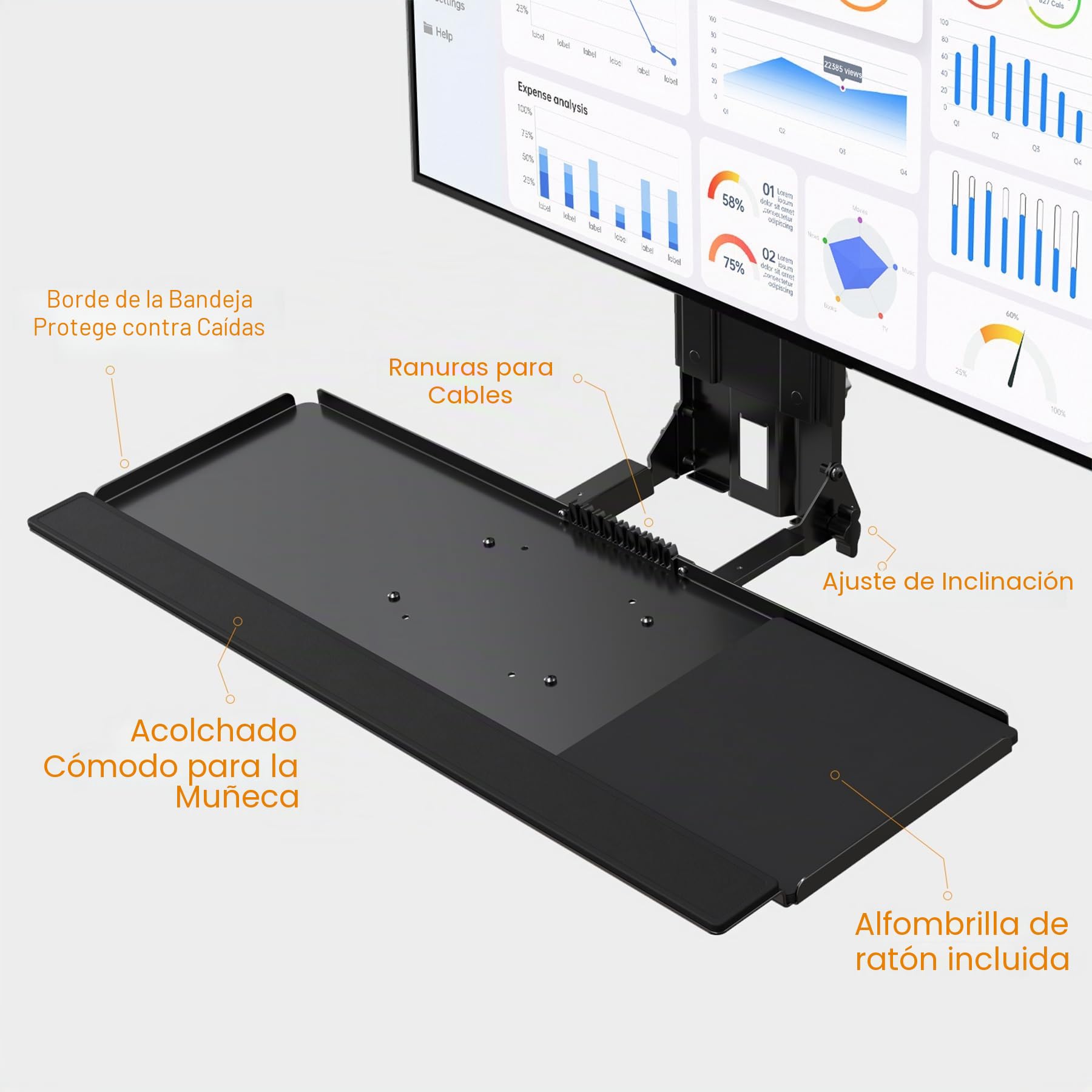 Soporte de pared para monitor y teclado con soporte de CPU para monitores de 32 pulgadas (55 libras máximo), bandeja de teclado (carga de 4.4 libras) y soporte de CPU (capacidad de 22 libras), altura