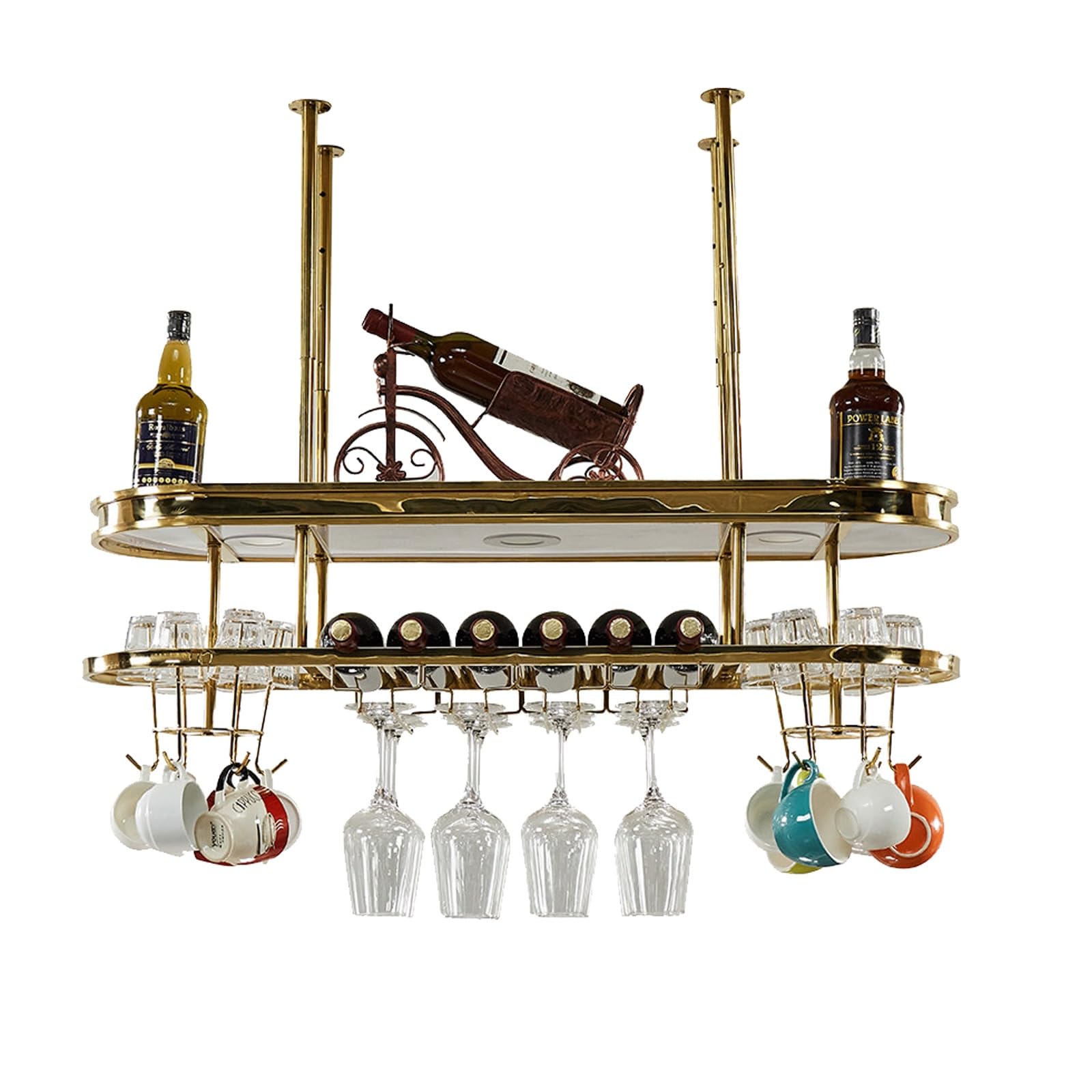 ASYJVWYZ Ceiling Wine Rack, 2-Tier Overhead Wine Bottle Shelf With Stemware & Cup Holder, Adjustable Hanging Storage For Bar Kitchen(100x30cm/39x12in)
