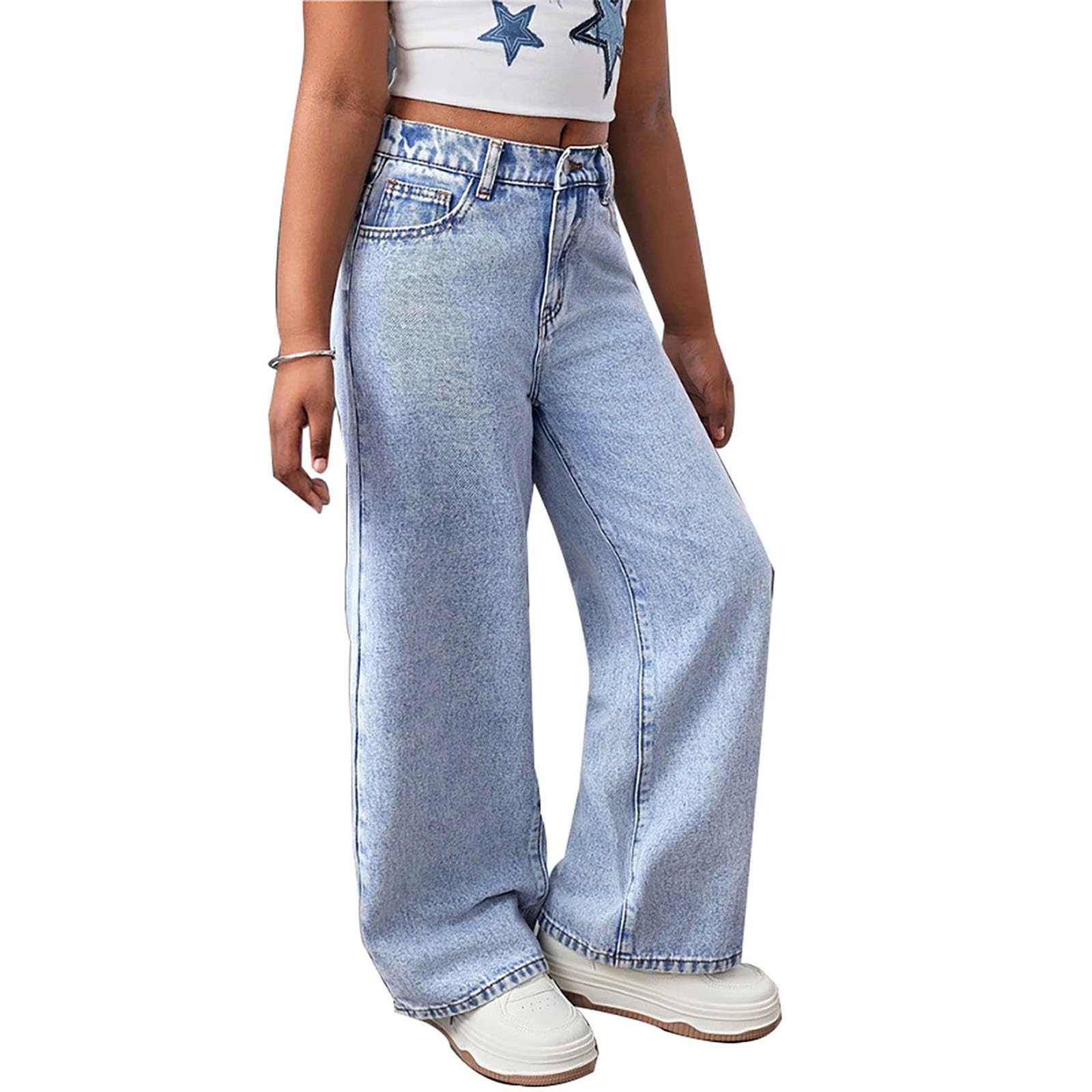 Jeans, alla Moda con Gamba Dritta, in Denim Lavato E Ricamato con Tasca Posteriore per Ragazze Adolescenti dai 9 Ai 13 Anni, Ideale per La Scuola