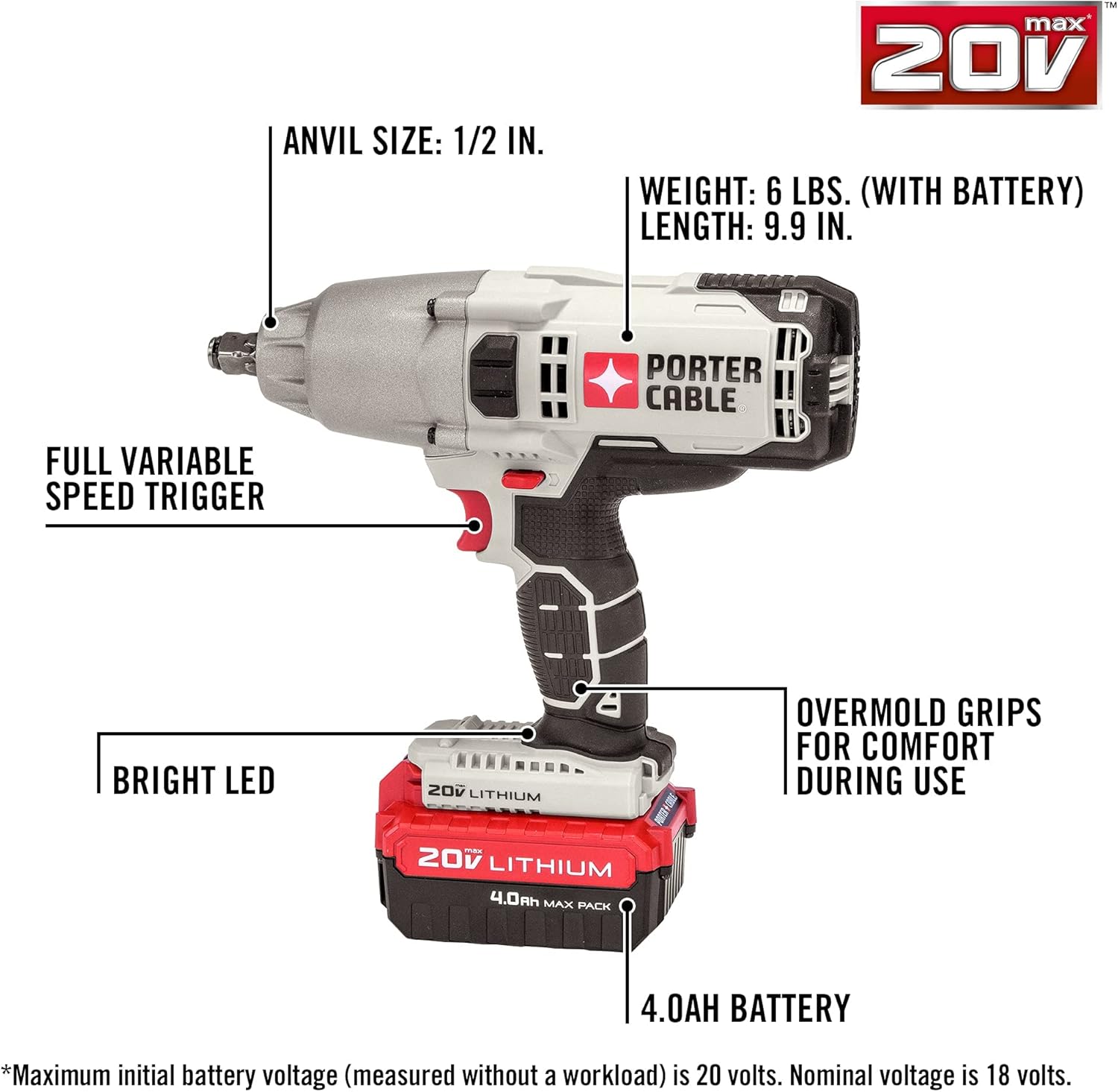 PORTER-CABLE 20V MAX Impact Wrench, 1/2-Inch with 20V MAX* Reciprocating Saw, Tool Only (PCC740LA & PCC670B)