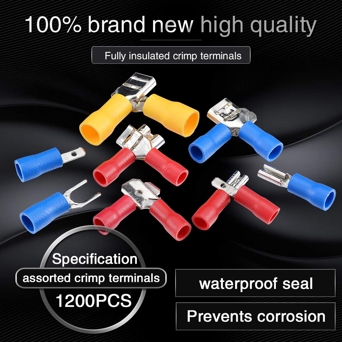 KATUR Lot de 1200 connecteurs à sertir pour bornes de fil, assortiment de cosses assorties, connecteurs électriques à sertir dans un étui en plastique (rouge/bleu/jaune)