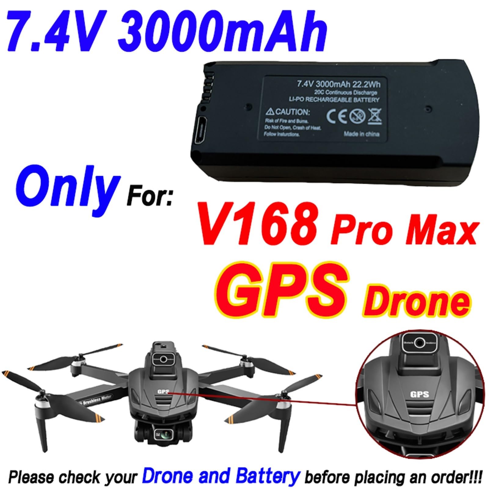 Batteria da 7,4 V 3000 mAh, compatibile con drone GPS V168 8K/quadricottero RC, batteria di ricambio for V168 Pro Max, accessori for ricambi drone(GPS 7.4V 3000mAh 2B)
