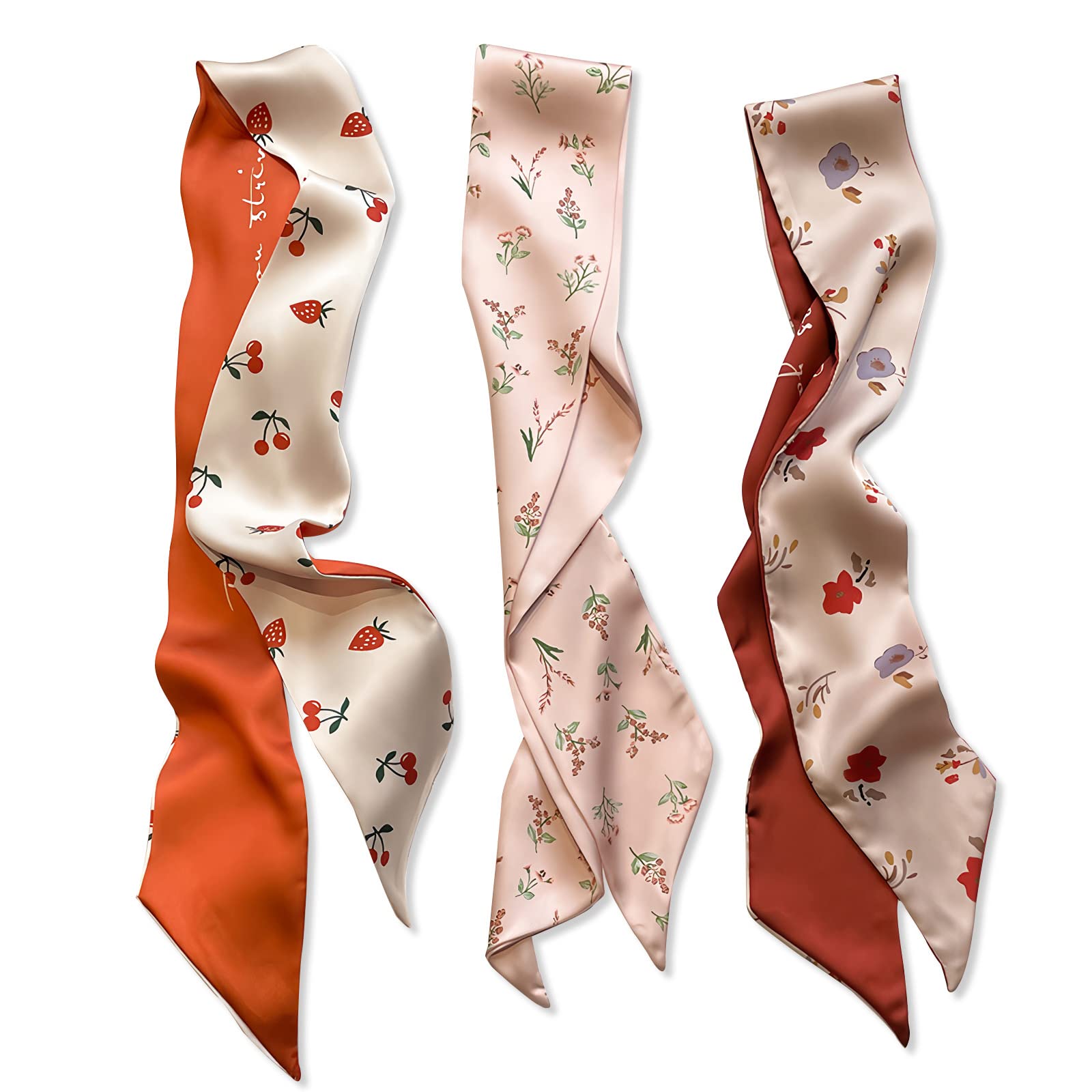 LumiSyne 3 Pezzi Sciarpa Di Seta Stretta Donna Ragazze Lungo Sottile Fazzoletto Da Collo Retro Fresco Stampa Floreale Motivo a Pois Scacchiera Nastro Sciarpa In Raso Copricapo Fascia Per Capelli