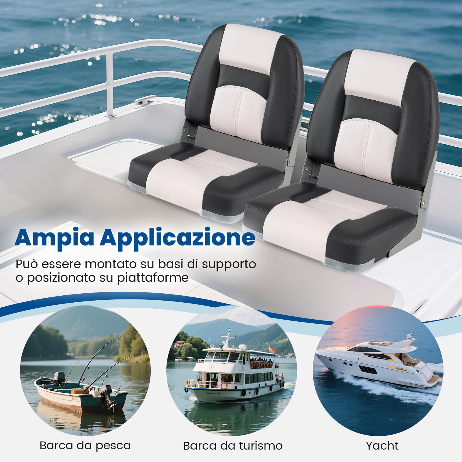 COSTWAY Set di 2 Sedie da Barca, Sedili Alti da Barca Pieghevole Morbide Imbottite Spesse, Sedile Nautica Ergonomico per Imbarcazioni da Pesca, 42 x 49 x 51 cm, Grigio e Bianco