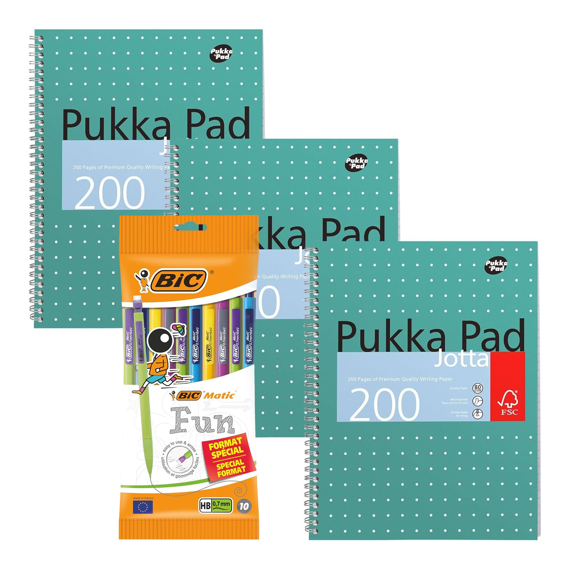 BIC Matic Combos Mechanical Pencils 0.7 mm 10 Pack and 3 Pack Pukka Pad A4 Metallic Jotta Book Wirebound Notebook with 8mm Lines 80GSM Paper 4 Hole Punch Perforated Edges 200 Pages Green