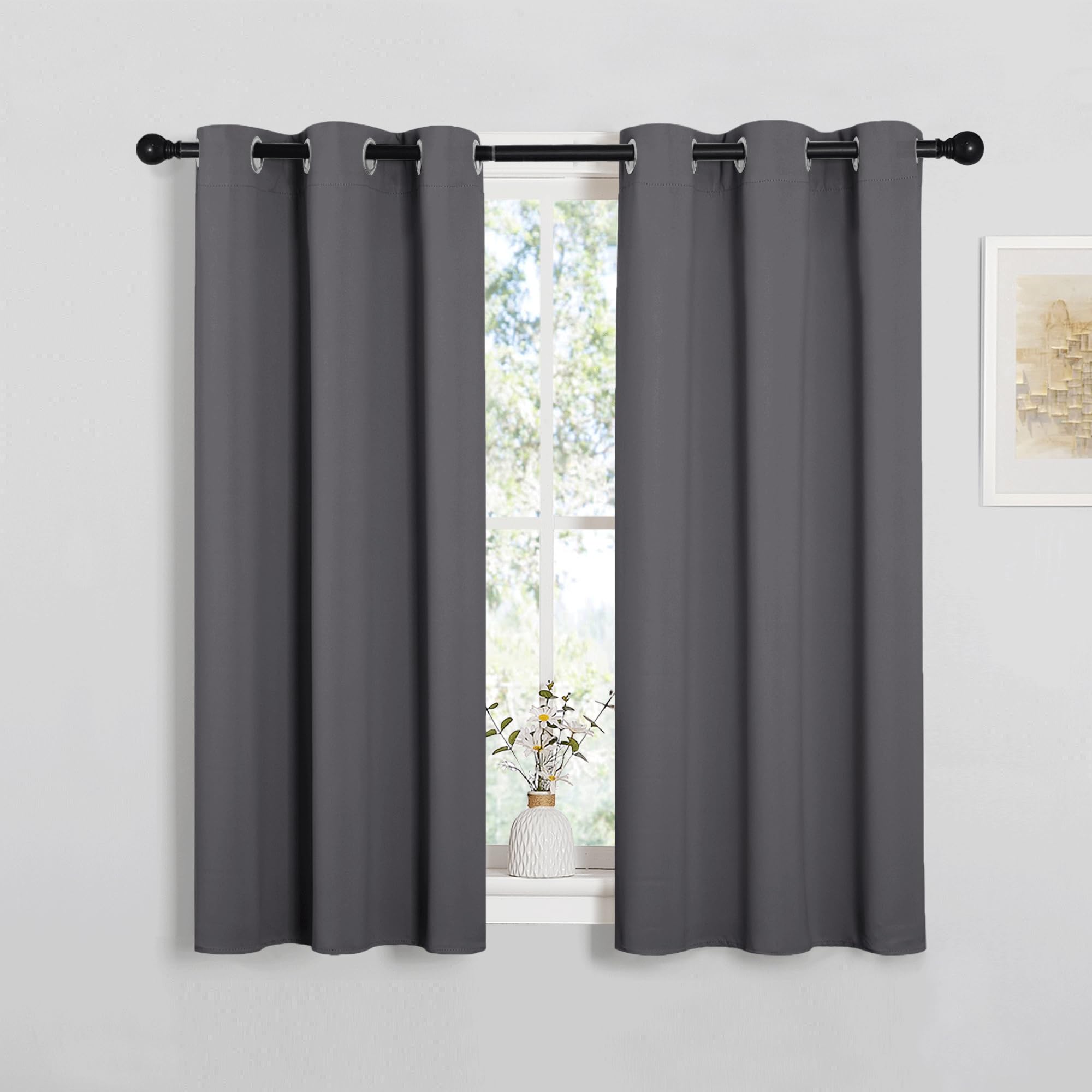 PONY DANCE Short Blackout Thermal Insulated Curtains for Bedroom Small Room Darkening Energy Saving Privacy Curtains & Drapes for Kitchen, W 34" x L 45", 2 Panels, Grey