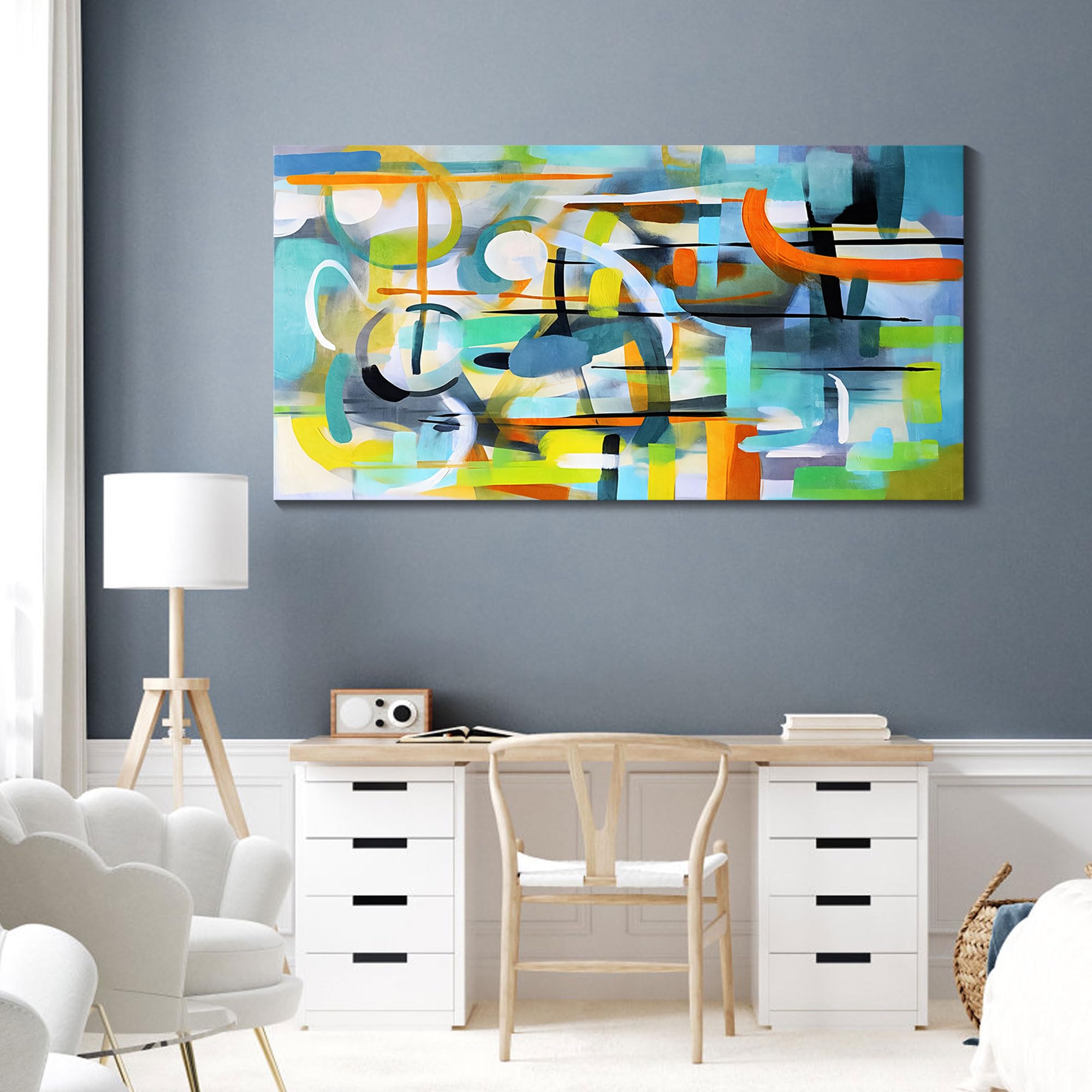 Mofutinpo Pictures for Living Room Wall Decoration-Large Modern Abstract Canvas Wall Art-Colorful Wall Art-Teal And Blue Line Art - Graffiti Paintings for Bedroom-Office Wall Decor 29×58in