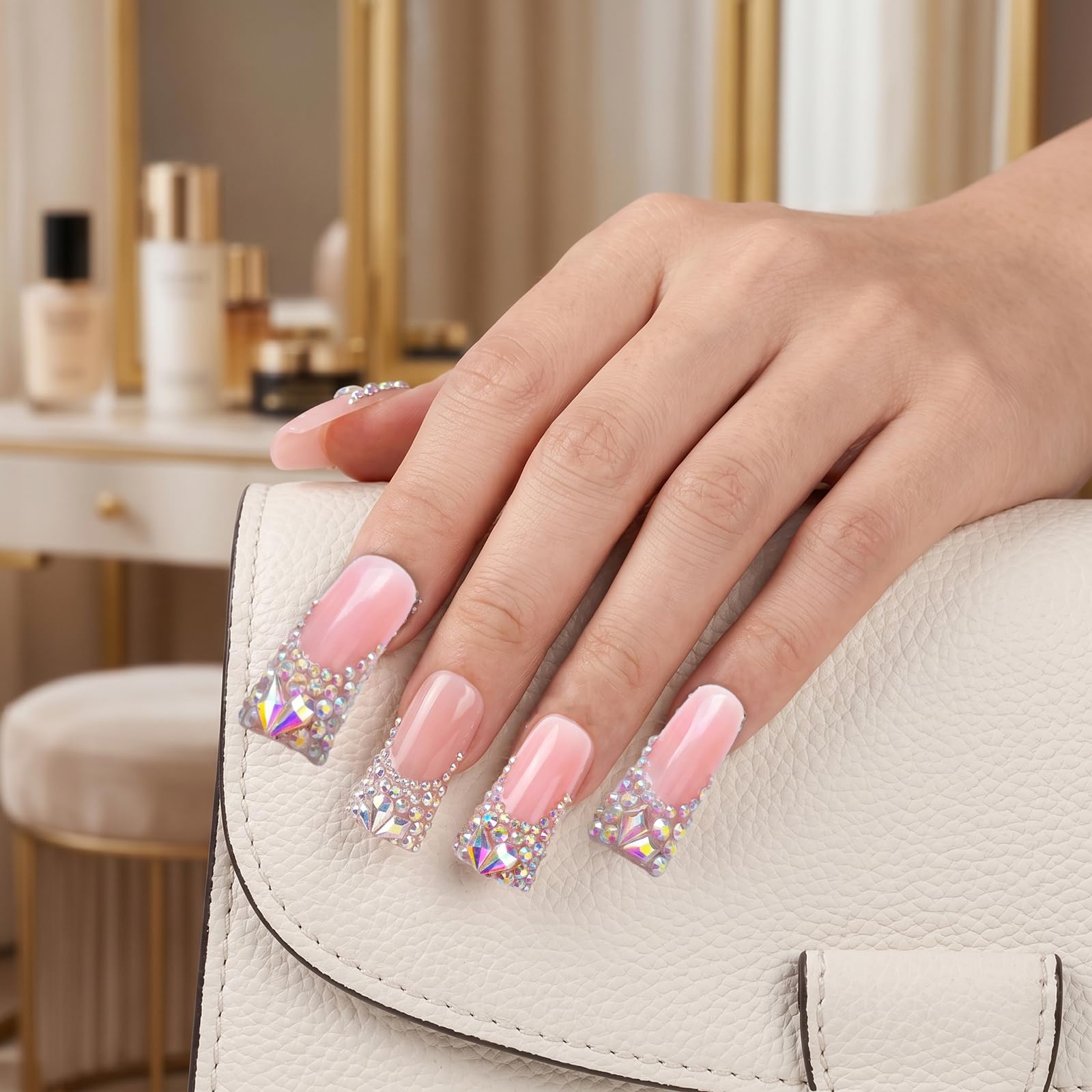 Unghie finte lunghe fatte a mano a forma di anatra, finte unghie finte di lusso con punta francese in cristallo e strass, unghie finte in gel rosa diamante, confezione da 10 unghie