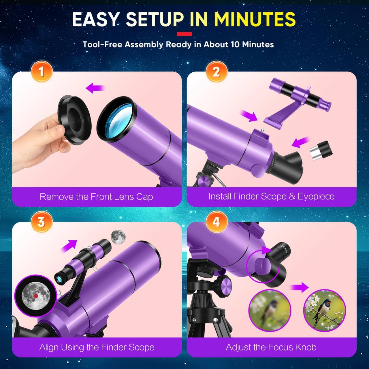 Telescope for Kids & Adults High Powered, 80mm Aperture 500mm Astronomy Refractor Telescope for Beginners (20X-150X), Portable with Adjustable Tripod, Phone Adapter, Backpack & Stickers (Purple)
