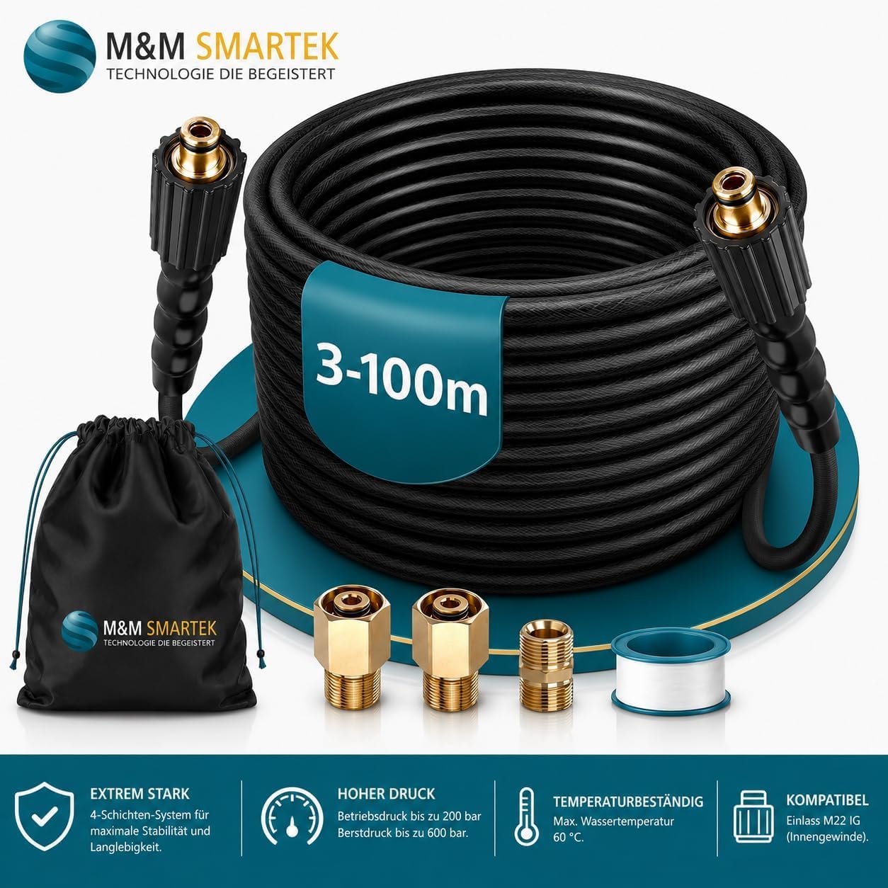 M&M Smartek Tubo ad alta pressione, 8 m, Easy Lock M22, per Kärcher HD/HDS
