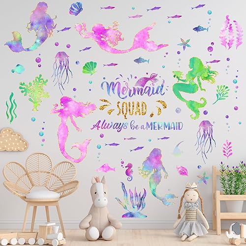 Miniatura 7 de 2 hojas de calcomanías de pared grandes de sirena con purpurina para niñas, calcomanías de pared de sirena para dormitorio, impermeable, decoración