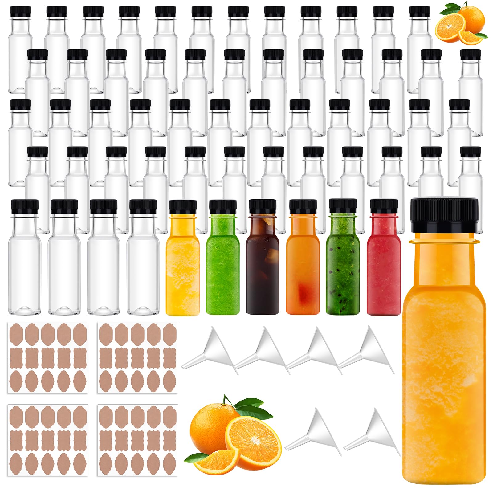 Barafat 60pcs 4oz Ginger Shots Bottles Plastic Bottles for Liquids, Mini Jar with Lids juice shot bottles with caps with Labels for Juice Ginger Sauce