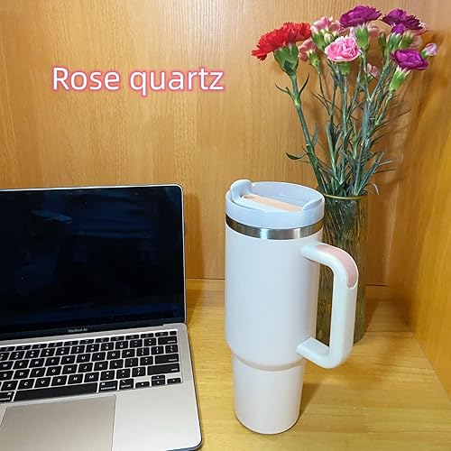 Miniatura 4 de Vaso de 40 onzas con asa y popote con tapa, termo para automóvil, con deportes al aire libre, viajes, acero inoxidable, regalo 2 (cuarzo rosa)