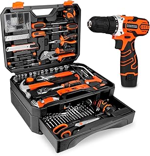Juego de herramientas de 255 piezas – Kit de herramientas con taladro inalámbrico de 12 V, caja de herramientas con cajón, juego de taladros domésticos generales para proyectos de bricolaje
