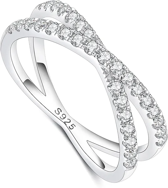 IMOLOVE Moissanite Wedding Bands for Women Criss Cross Ring Women's Eternity Wedding Bands Fashion Silver Moissanite Stackable Rings for Women with 18K White Gold Plated Size 10.5