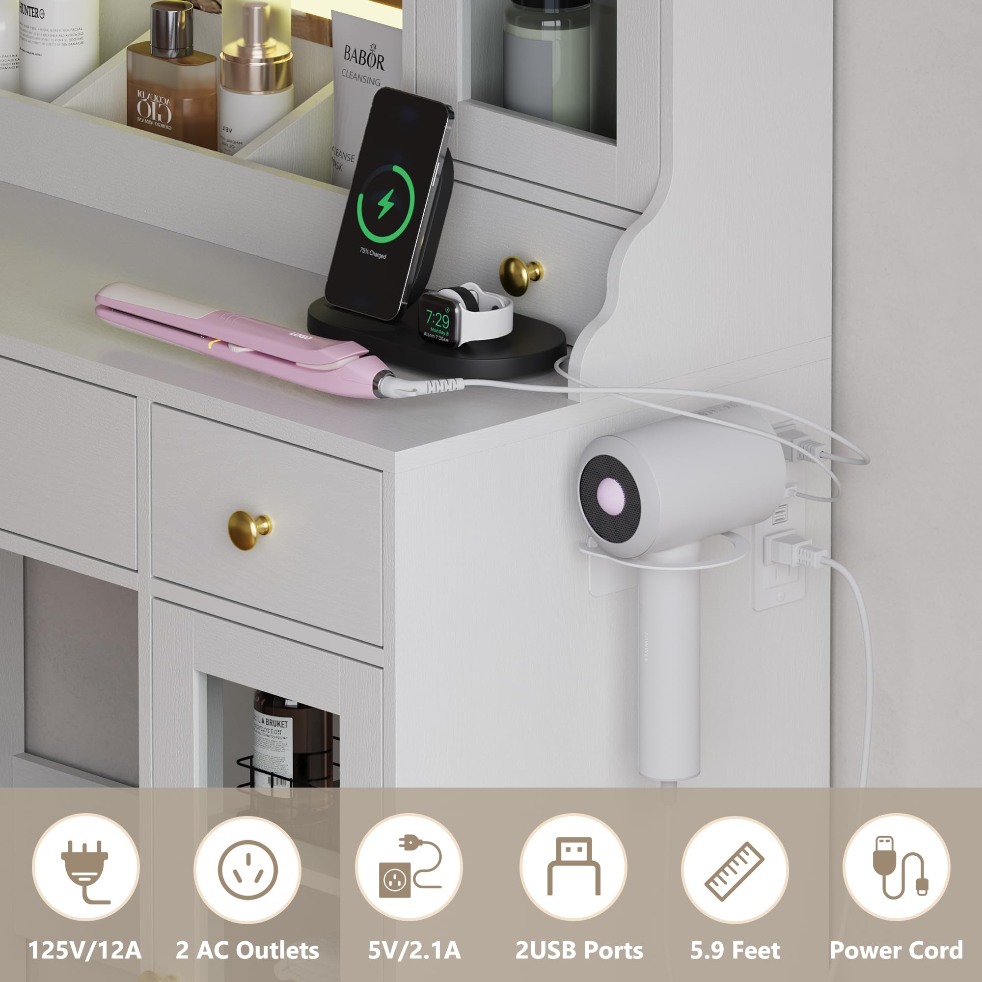 BORNOON Vanity Desk with Mirror and Lights, Pink Makeup Vanity Table with 3 Modes & Adjustable Brightness, Glass Cabinets, Drawers, Outlet, Modern Dressing Table for Bedroom, Girls, Women, Teens