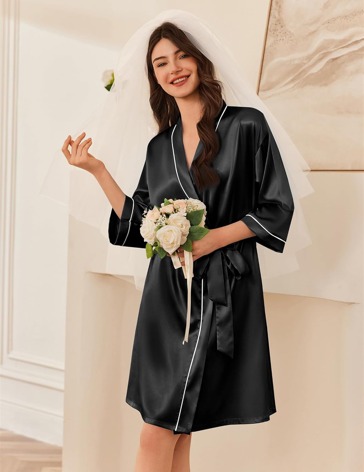 Ekouaer Women's Silk Robe Set V Neck 2 Piece Satin Bathrobes 3/4 Sleeves Bridal Sleepwear Sexy Cami Nightgown - Image 4