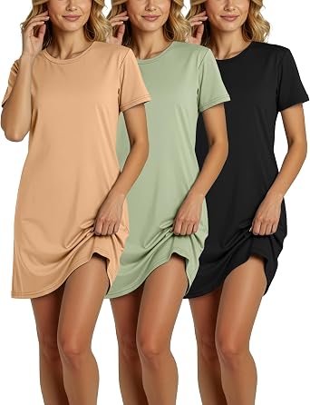 Real Essentials 3 Pack Womens Cotton Short Sleeve Nightgown Nightshirt Sleepshirt Ladies Sleepwear Available in Plus Size