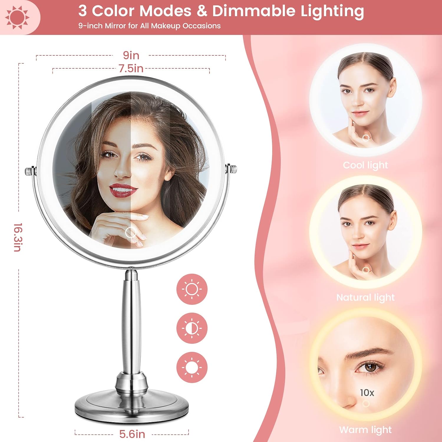 MIRRORMORE 9" Large Lighted Makeup Mirror with 3 Color LED Dimmable Lighting, 1X/10X Rechargeable Magnifying Mirror with Light, 360° Rotation Touch Screen Vanity Mirror Detachable, Senior Pearl Nickel