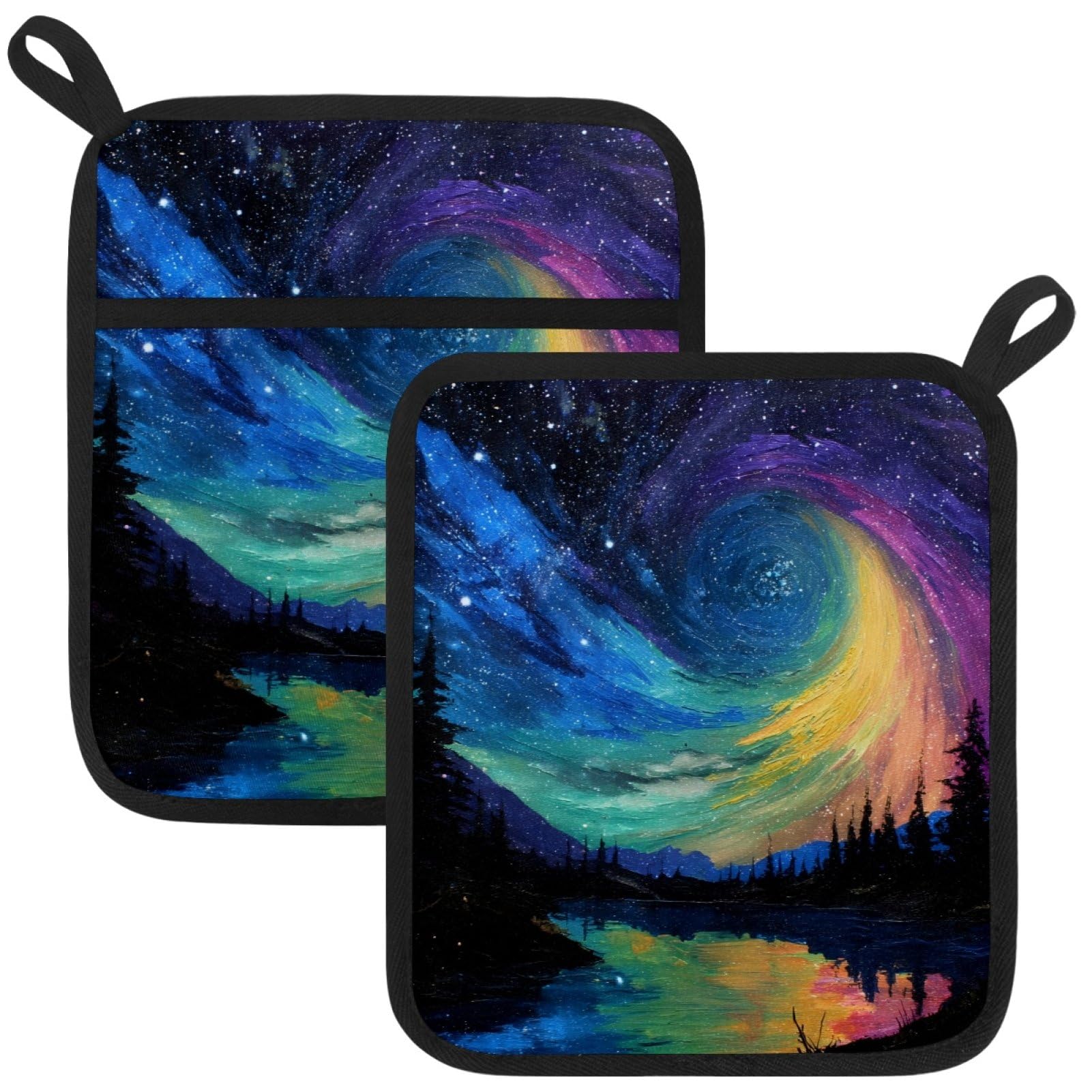 VAPOKF Sky Pot Holders with Pocket for Kitchen Heat Resistant Potholders Large Polyester-Cotton Square Oven Mitts Set