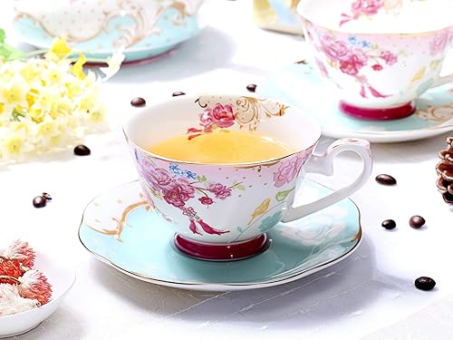 Miniatura 6 de Bone China - Juego de tazas de té y platillo, taza de té estilo real vintage, juego de flores rojas, 7 onzas