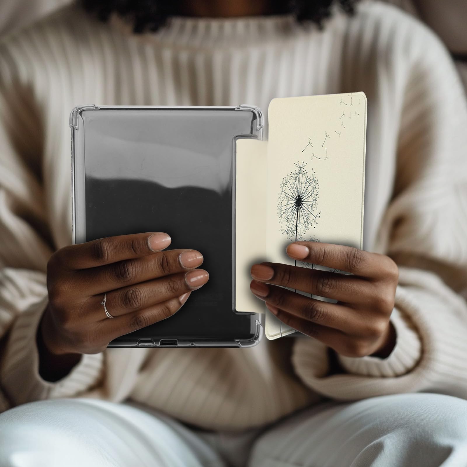 WALNEW Hülle für 6,8" Kindle Paperwhite 11. Generation 2021 & Signature Edition, Transparent Weiche Flexible TPU Rückseite Schutzhülle mit Auto Schlaf/Wach PU-Leder Smart Cover (Löwenzahn)